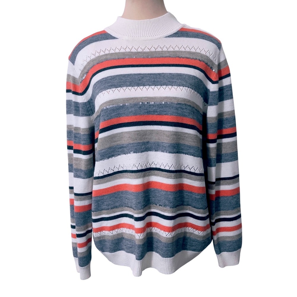 Alfred Dunner Striped Mock Neck Sequin Sweater Medium Multi Color Preppy Coastal